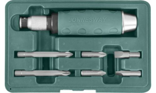 Отвёртка ударная, комбинированная Jonnesway, со сменными вставками (битами), (PH2, PH3, SL8, SL10), длина 36мм и 80мм, 7 предметов, арт. AG010055A