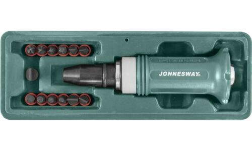 Отвёртка ударная, комбинированная (с шестигранниками) Jonnesway, со сменными вставками (битами), (РН1, РН2, РН3, РН4, Н4, Н5, Н6, Н8, SL5, SL6, SL8, SL10, SL12), длина 36мм, 14 предметов, арт. AG010138