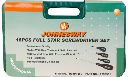 Набор отвёрток Jonnesway, шлицевые (SL3, SL5.5, SL6.5, SL8) и крестовые (PH0, PH1, PH2, PH3), стержни 38, 50, 75, 80, 100, 125, 150, 200мм, 16 предметов, арт. D04PP16S