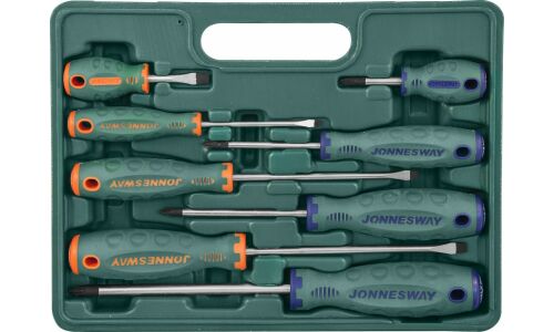 Набор отвёрток Jonnesway, шлицевые (SL4, SL5.5, SL6.5x2) и крестовые (PH1, PH2x2, PH3), стержни 38, 80, 100, 125, 150мм, 8 предметов, арт. D71PP08S