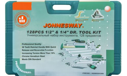 Набор инструментов Jonnesway, под размеры 1/2, 1/4", комплект 128 предметов, арт. S04H524128S
