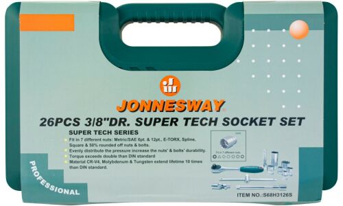 Набор торцевых головок Jonnesway Super Tech, с трещоткой, под размеры 3/8", 26 предметов, арт. S68H3126S