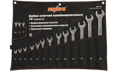 Набор комбинированных ключей Ombra, от 8мм до 32мм, в сумке, комплект 16 предметов, арт. OMT16S