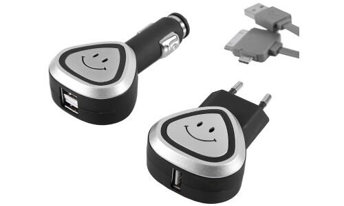 Зарядное устройство в прикуриватель и розетку Airline, 12В/24/220В, 3xUSB (5В, 1/3.1А), с мультикабелем 30-pin Apple / Lightning / MicroUSB, арт. ACH-US-08