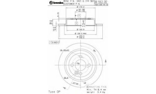 Диск тормозной Brembo, задний, правый/левый, 1 шт, арт. 08.9163.21