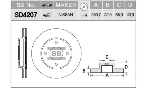 Диск тормозной передний вентилируемый D260мм Sangsin, арт. SD4207