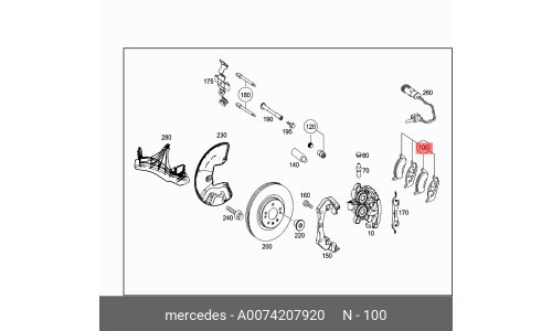 Колодки тормозные дисковые Mercedes, комплект на ось (4 шт), арт. A0074207920