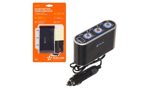 Разветвитель прикуривателя Airline, 12В, 3 гнезда, 1хUSB (5В, 1А), 60Вт, кабель 60см, с выключателями нагрузок, с подсветкой, арт. ASP-3S-15