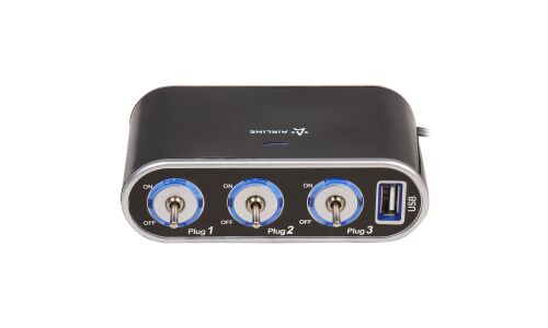 Разветвитель прикуривателя Airline, 12В, 3 гнезда, 1хUSB (5В, 1А), 60Вт, кабель 60см, с выключателями нагрузок, с подсветкой, арт. ASP-3S-15