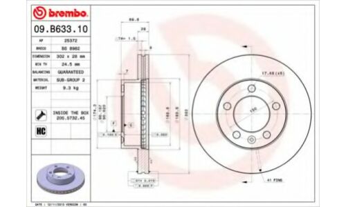 Диск тормозной Brembo вентилируемый, арт. 09B63310