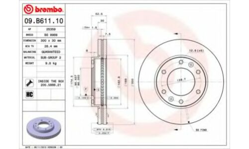 Диск тормозной Brembo вентилируемый, арт. 09B61110