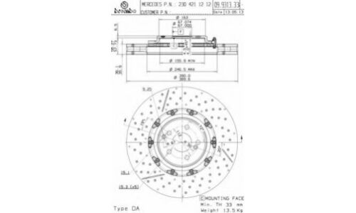 Диск тормозной Brembo, передний, правый/левый, 1 шт, арт. 09.9313.33