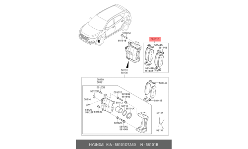 Колодки тормозные дисковые Hyundai/KIA, передние, комплект на ось (4 шт), арт. 58101D7A50