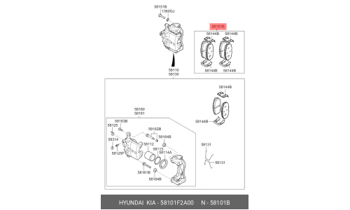 Колодки тормозные дисковые Hyundai/KIA, комплект на ось (4 шт), арт. 58101-F2A00