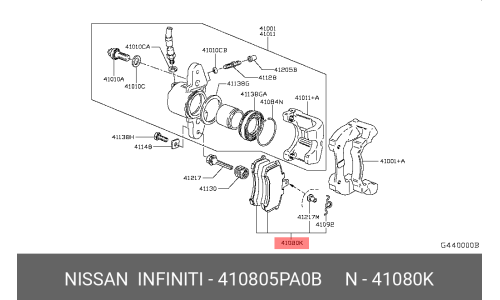 Колодки тормозные дисковые Nissan, комплект на ось (4 шт), арт. 41080-5PA0B