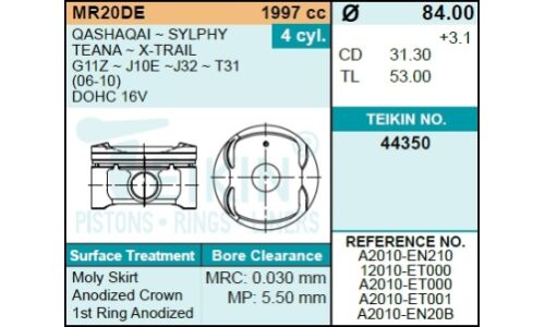 Поршень двигателя без колец nissan mr20 1,2-1,2-2,0 Teikin, арт. 44350050