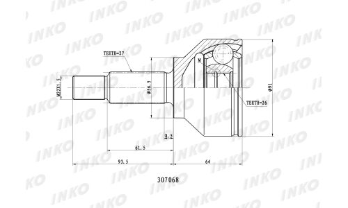 ШРУС INKO, передний, наружный, 27x26мм, арт. 307068