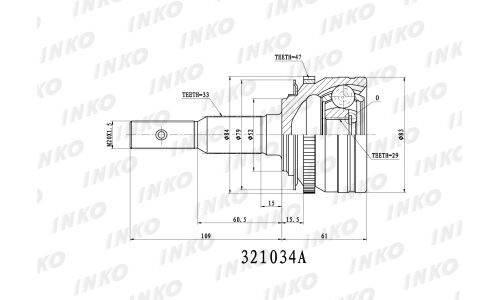 ШРУС INKO, передний, наружный, с ABS, 33x29мм, арт. 321034A