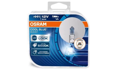 Лампа галогенная Osram Cool Blue Boost H1 (P14.5s, T8), 12В, 80Вт, 5500К, комплект 2 шт, арт. 62150CBB-HCB