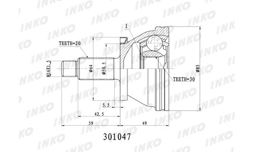 ШРУС INKO, передний, наружный, 20x30мм, арт. 301047