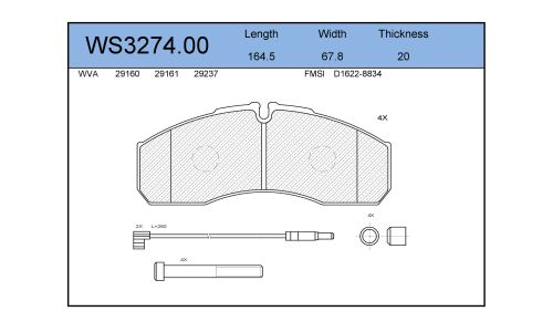 Колодки тормозные дисковые Jeenice, комплект на ось (4 шт), арт. WS3274.00