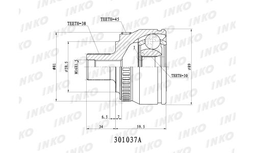 ШРУС INKO, передний, наружный, с ABS, 38x30мм, арт. 301037A