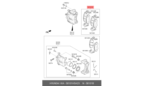 Колодки тормозные дисковые Hyundai/KIA, передние, комплект на ось (4 шт), арт. 58101-H5A25