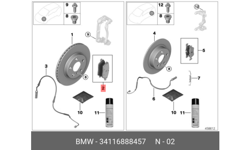 Колодки тормозные дисковые BMW, передние, комплект на ось (4 шт), арт. 34116888457