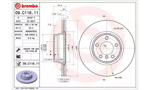 Диск тормозной Brembo вентилируемый, арт. 09C11611