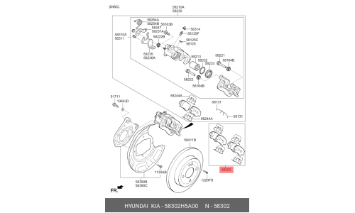 Колодки тормозные дисковые Hyundai/KIA, задние, комплект на ось (4 шт), арт. 58302H5A00