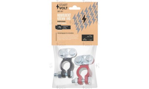 Клеммы для аккумулятора Startvolt, свинец, стандартные (+19.5/-17.9), цветные (чёрная/красная), крепление провода зажимной пластиной, 2 шт, арт. SBT 007