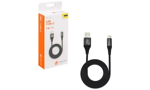 Кабель для мобильных устройств Airline, с USB на USB Type-C, 1м, чёрный, нейлоновый, арт. ACH-C-25