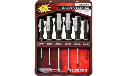 Набор отвёрток Thorvik, шлицевые (SL3, SL5, SL6) и крестовые (PH0, PH1, PH2), стержни 75, 100, 125мм, с крепежной планкой, 6 предметов, арт. SDS06BH