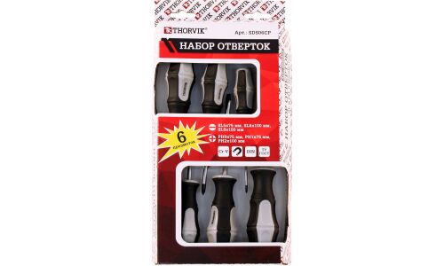 Набор отвёрток Thorvik, шлицевые (SL5, SL6, SL8) и крестовые (PH0, PH1, PH2), стержни 75, 100, 150мм, 6 предметов, арт. SDS06CP