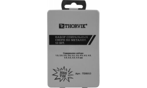 Свёрла по металлу Thorvik, спиральные, HSS TiN, Ø1.5–6.5мм, в пластиковом кейсе, 13 шт, арт. TDBS13