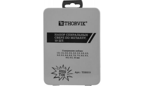 Свёрла по металлу Thorvik, спиральные, HSS TiN, Ø1–10мм, в пластиковом кейсе, 19 шт, арт. TDBS19