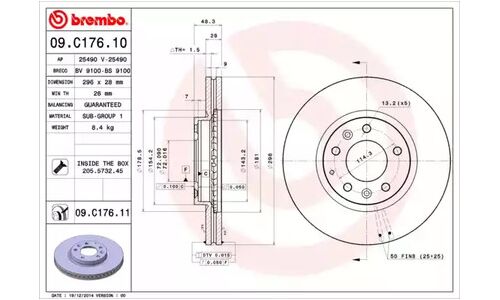 Диск тормозной Brembo вентилируемый, арт. 09C17611