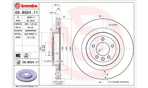 Диск тормозной Brembo, задний, правый/левый, 1 шт, арт. 09.B504.11