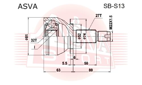 ШРУС Asva, передний, внешний, арт. SB-S13