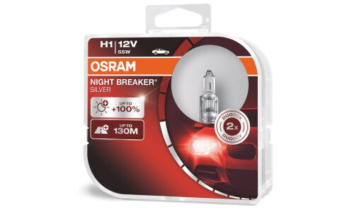 Лампа галогенная Osram Night Breaker Silver H1 (P14.5s, T8), 12В, 55Вт, 3200К, комплект 2 шт, арт. 64150NBS-HCB