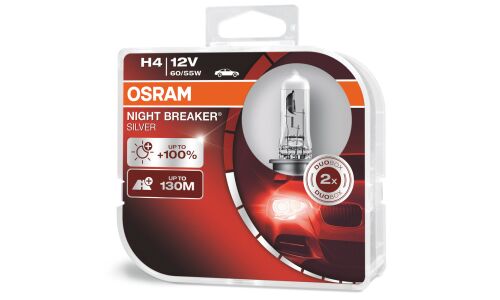 Лампа галогенная Osram Night Breaker Silver H4 (P43t, T16), 12В, 60/55Вт, 3200К, комплект 2 шт, арт. 64193NBS-HCB