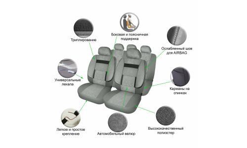 Чехлы Airline Monro для передних и задних сидений, велюр, темно-серый цвет, 11 предметов