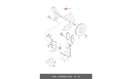Колодки тормозные дисковые VAG, передние, комплект на ось (4 шт), арт. JZW698151AN