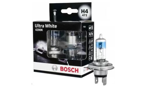 Лампа галогенная Bosch Ultra White H4 (P43t, T16), 12В, 60/55Вт, 4200К, комплект 2 шт, арт. 1 987 301 181
