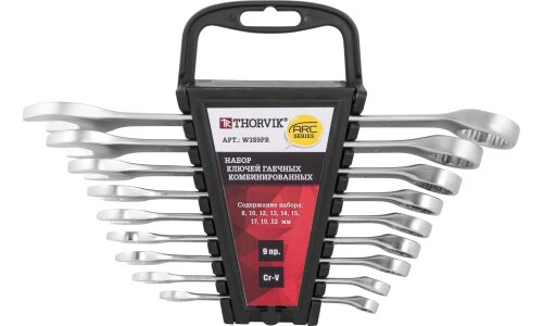 Набор комбинированных ключей Thorvik ARC, от 8мм до 22мм, с держателем, комплект 9 предметов, арт. W3S9PR