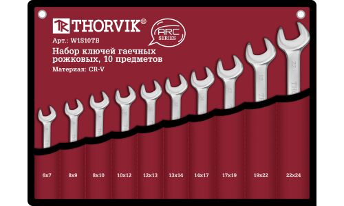 Набор рожковых ключей Thorvik ARC, от 6мм до 24мм, в сумке, комплект 10 предметов, арт. W1S10TB