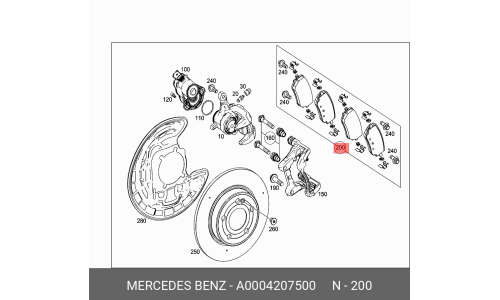Колодки тормозные дисковые Mercedes, передние, комплект на ось (4 шт), арт. A0004207500