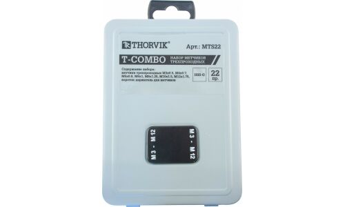 Набор метчиков T-COMBO трехпроходных ручных универсальных М3-М12, HSS-G, 22 предмета Thorvik, арт. MTS22