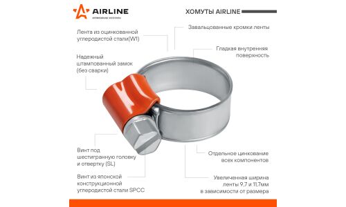 Хомут червячный Airline Ø8-12мм, ширина 9.7мм, оцинкованная сталь W1, арт. AHC-S-01, 1 шт