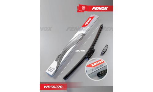 Щётка стеклоочистителя Fenox 500мм (20") бескаркасная, всесезонная, со спойлером, крепление J-Hook, Bayonet, VATL5.1, 1 шт, арт. WB50220